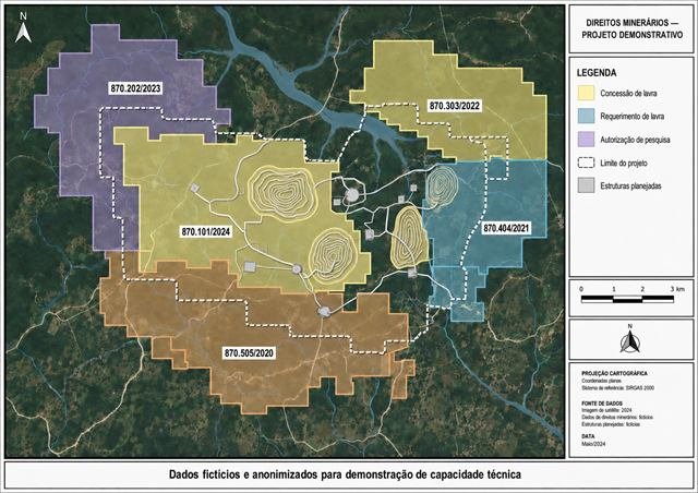 Mapa demonstrativo de direitos minerários e estruturas planejadas em projeto de mineração