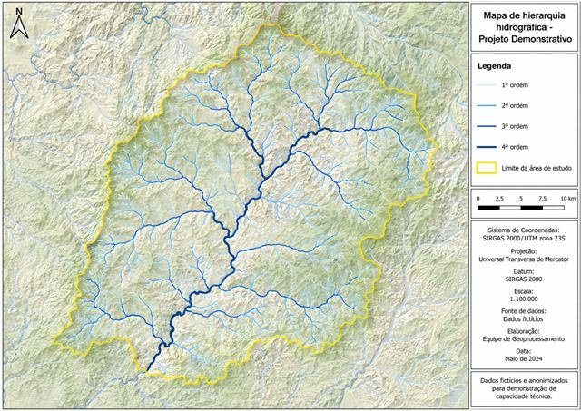 Mapa técnico demonstrativo de hierarquia hidrográfica e delimitação de área de estudo