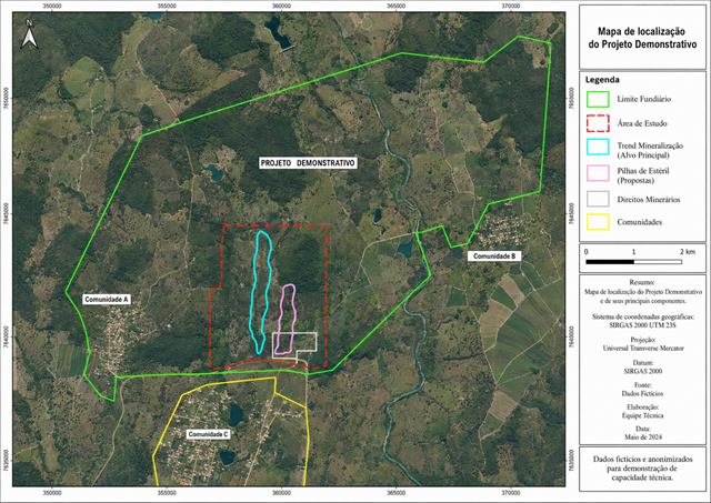 Mapa demonstrativo de caracterização territorial de projeto mineral com estruturas e comunidades