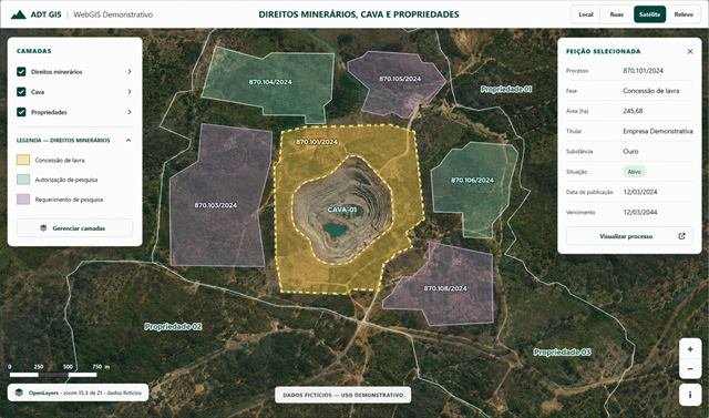 Interface demonstrativa de WebGIS com direitos minerários, cava e propriedades