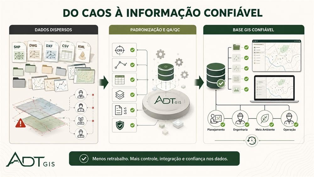 Infográfico demonstrativo do processo de organização e padronização de dados até uma base GIS confiável